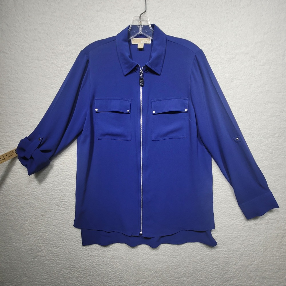 Michael Kors Womens Medium Royal Blue Zip Front Blouse Utility Shirt Roll Tab